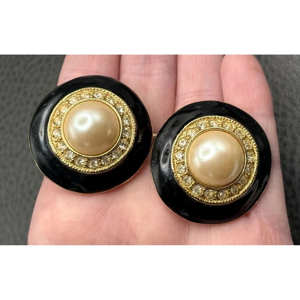 Vintage 80s Runway Black Enamel Faux Pearl Crystal Gold Tone Clip Earrings